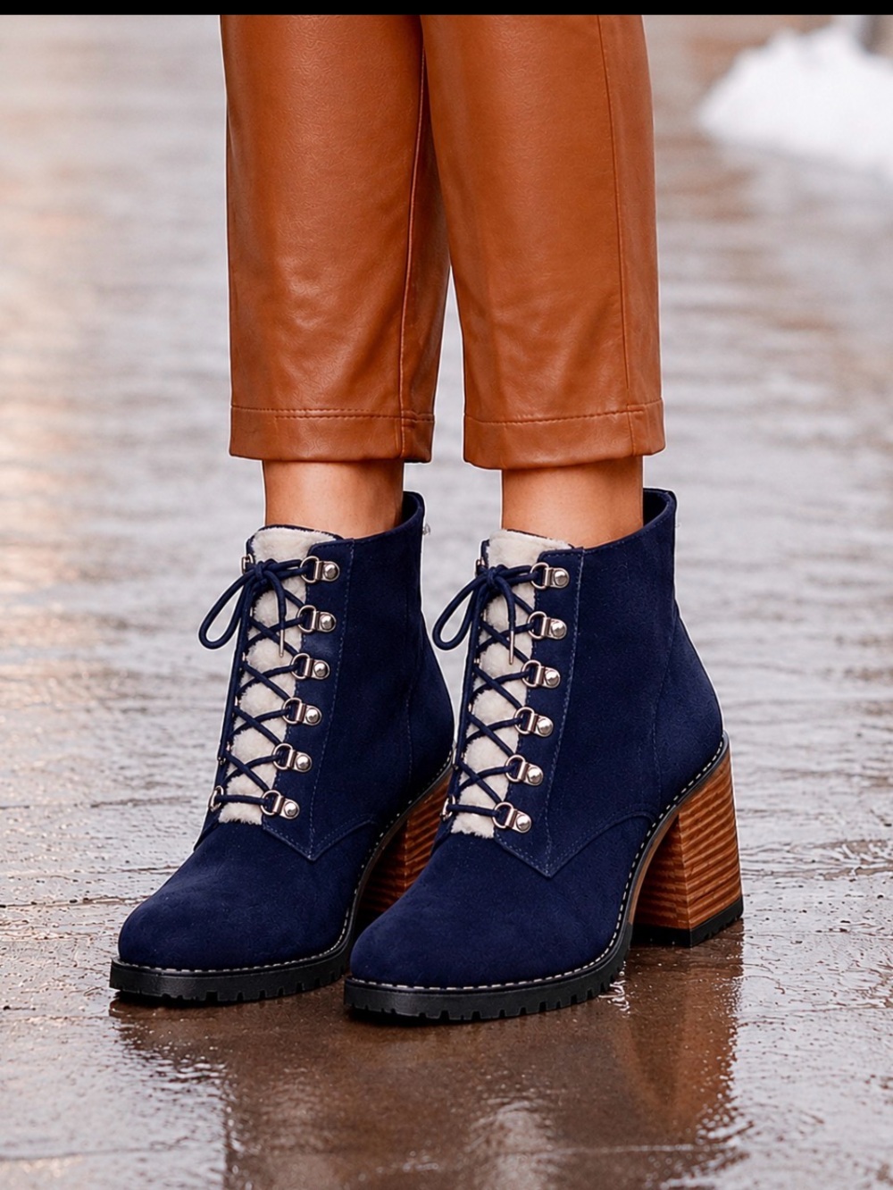DOLCE VITA Blue Suede Lace-up Ankle Boots Shearling Accent Block Heel 11